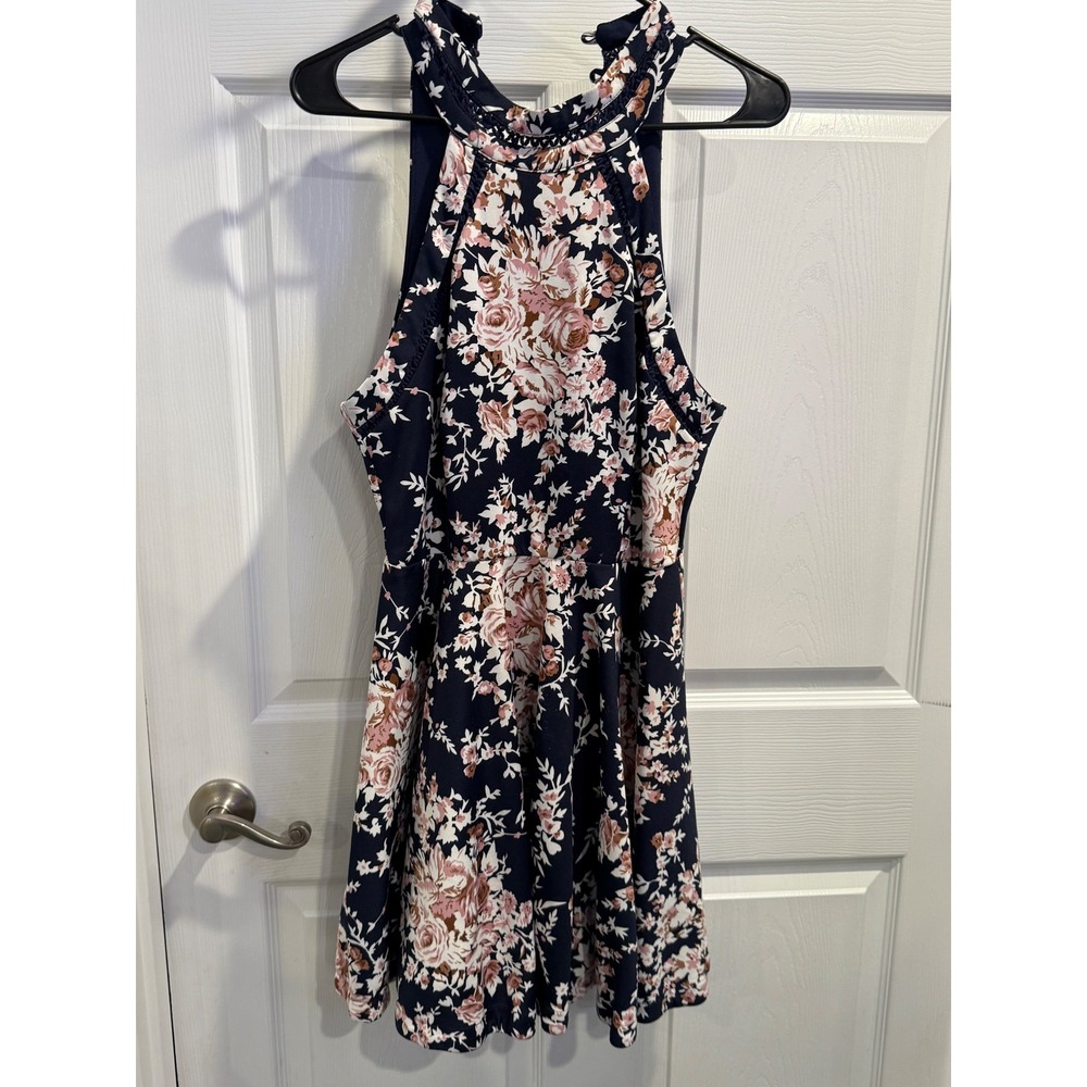 B Darlin Navy Pink Floral High Neck Halter Fit Flare Mini Dress 13/14 I56FJ478
